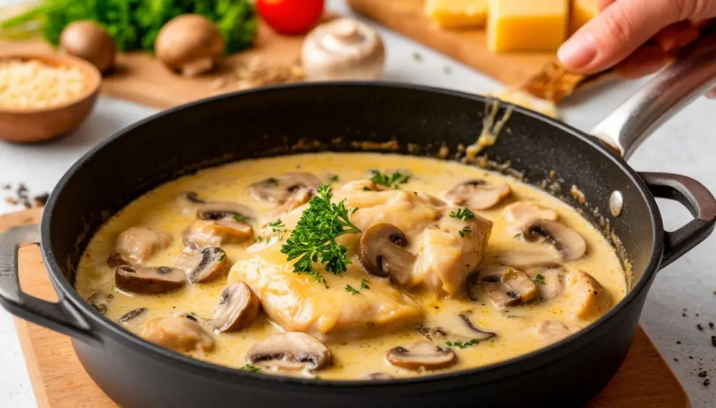 Лёгкий жюльен на сковороде: курица, грибы и сливки с тянущимся сыром