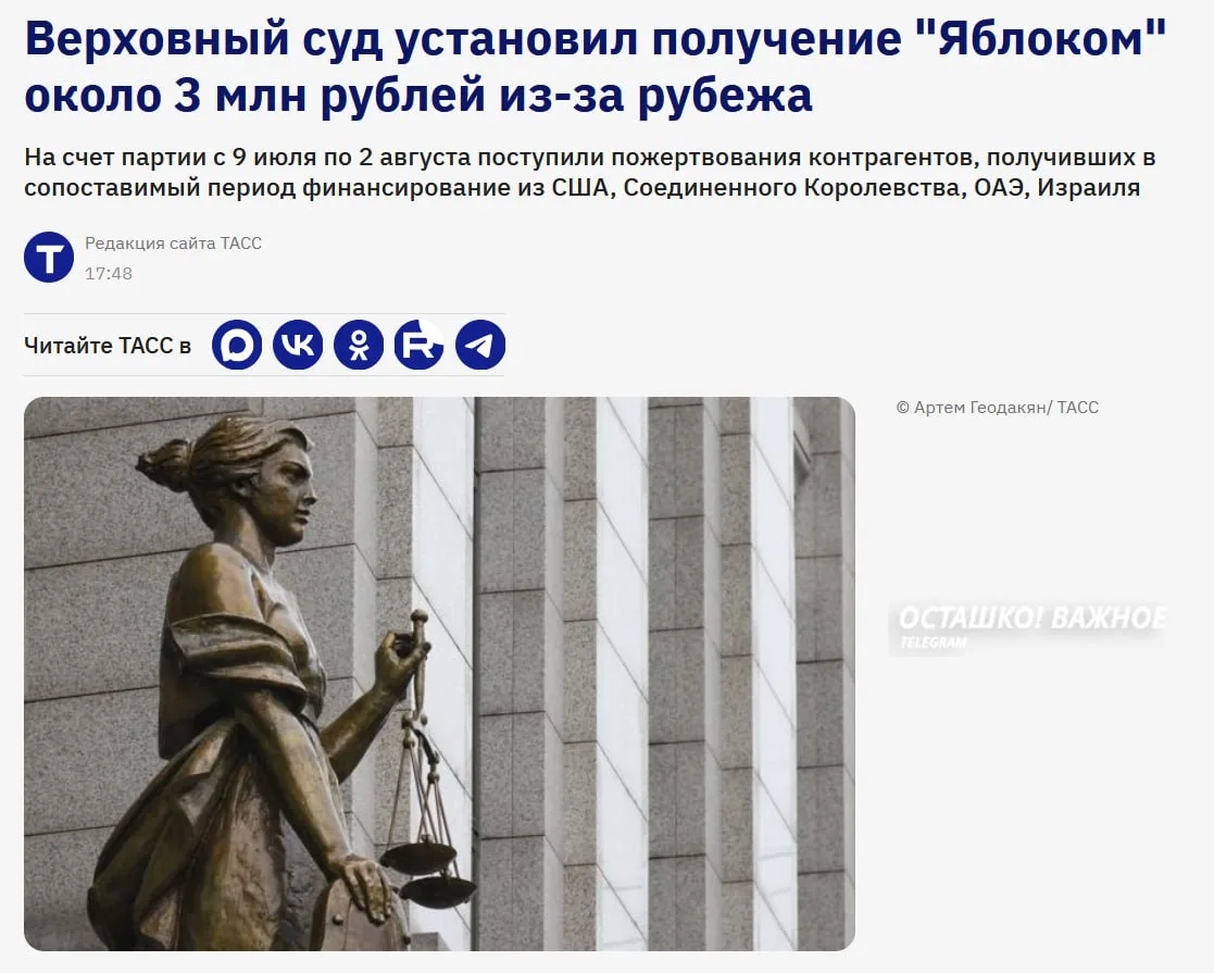 Верховный суд разоблачил схемы иностранного финансирования партии «Яблоко»