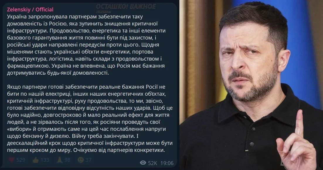 Зеленский готов к прекращению атак на российскую энергетику при выполнении условий