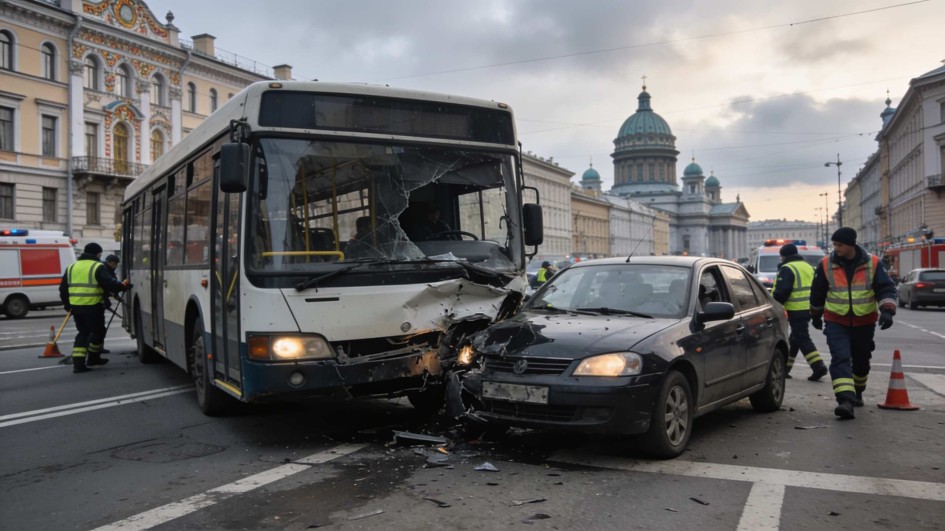 Автобус и легковая машина столкнулись на площади Стачек в Петербурге