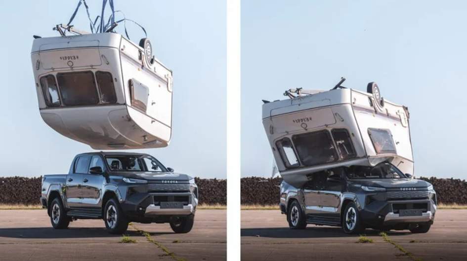 Электрический Toyota Hilux выдержал падение 760-килограммового каравана с 9 метров