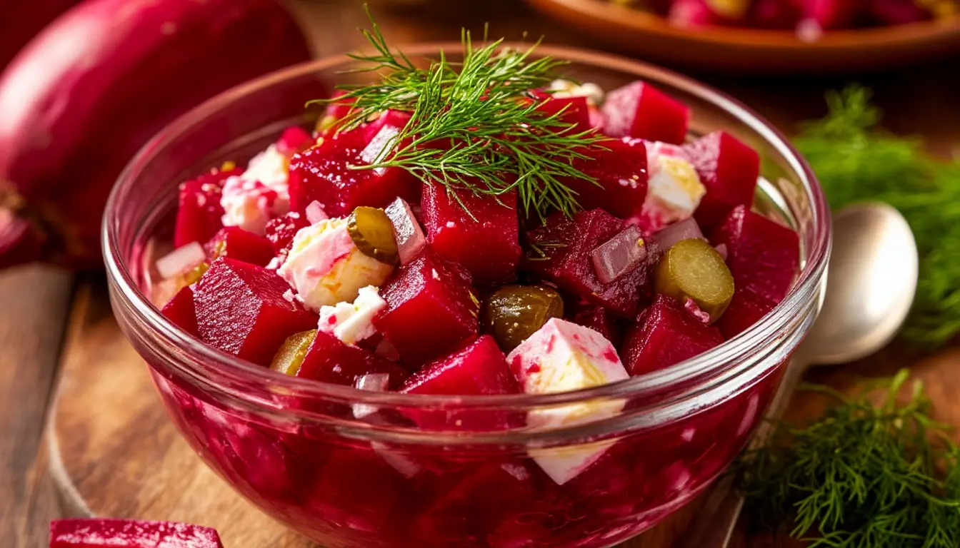Салат «Барби»: вкусный и простой рецепт с свеклой, яйцами и корнишонами