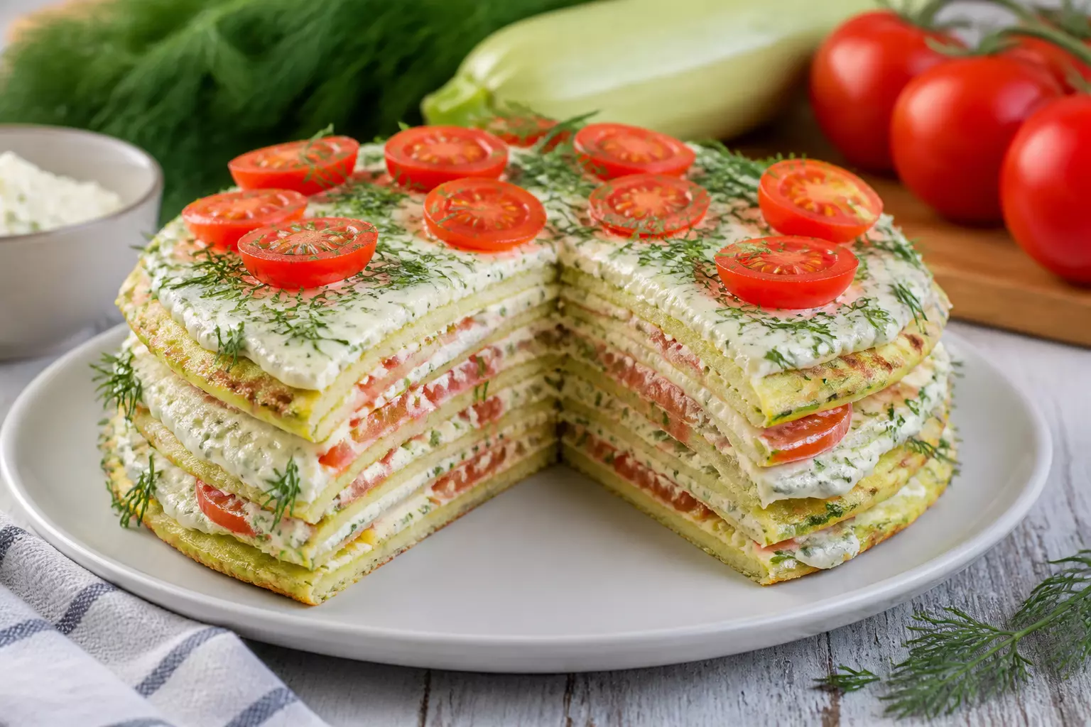 Закусочный торт с кабачками и творожным сыром: удивительно нежно и без запекания!