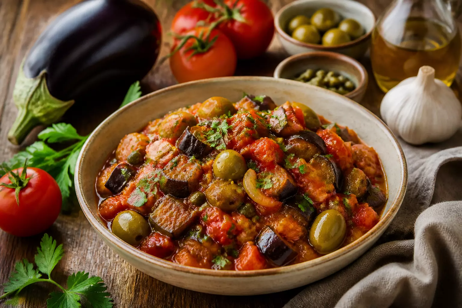 Откройте для себя капонату по-сицилийски: вкусное блюдо с баклажанами, томатами и оливками, которое вы не захотите пропустить