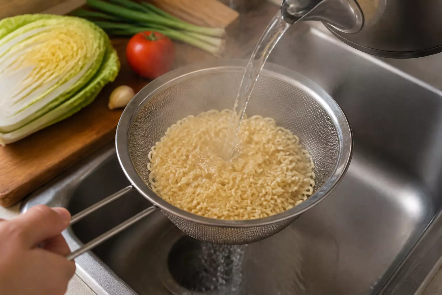 Вкусная лапша за считанные минуты: добавьте яйца, пекинку и зелёный лук для идеального обеда